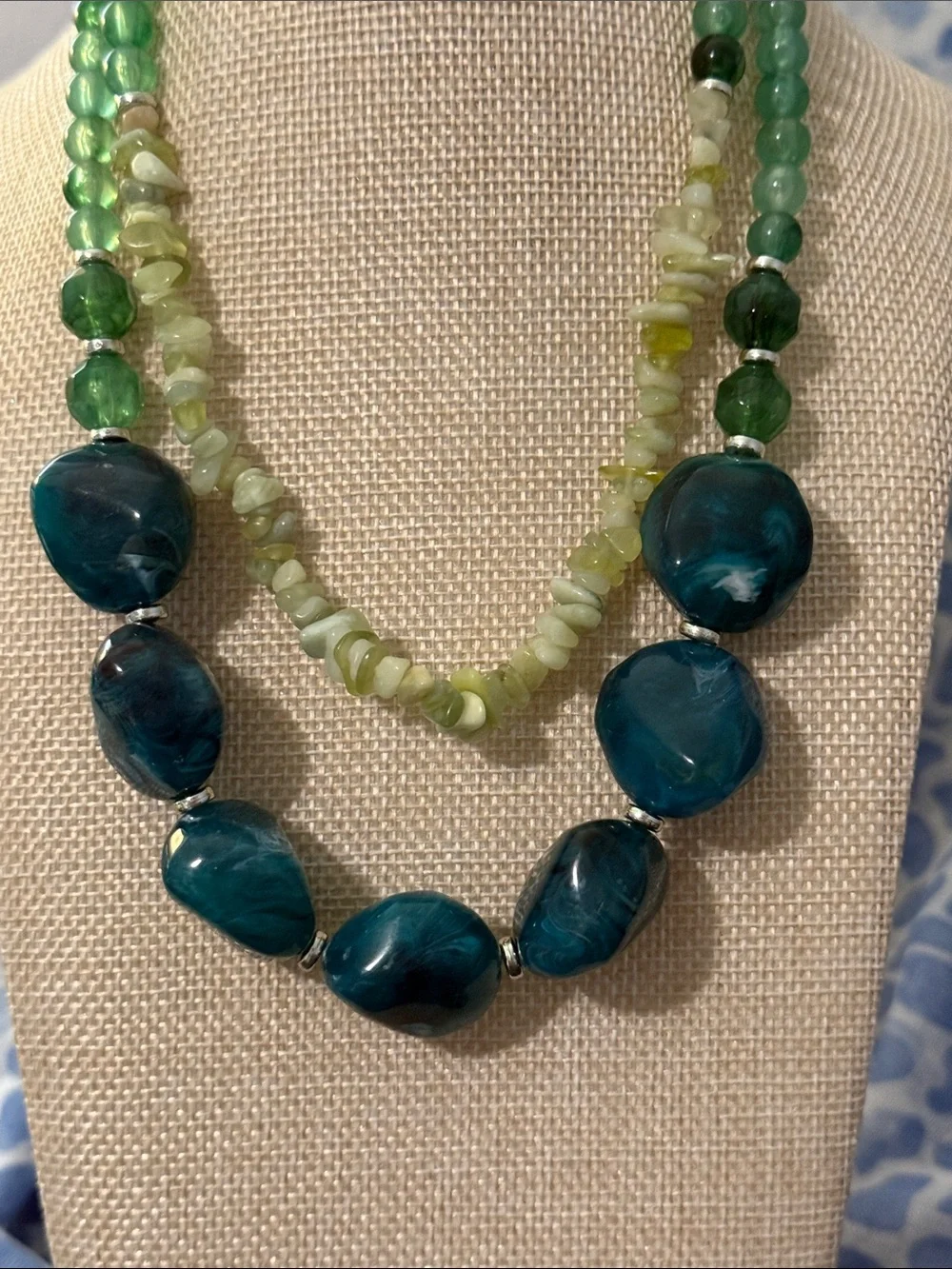Teal and Green Layered Beaded Necklace - Women's Statement Jewelry